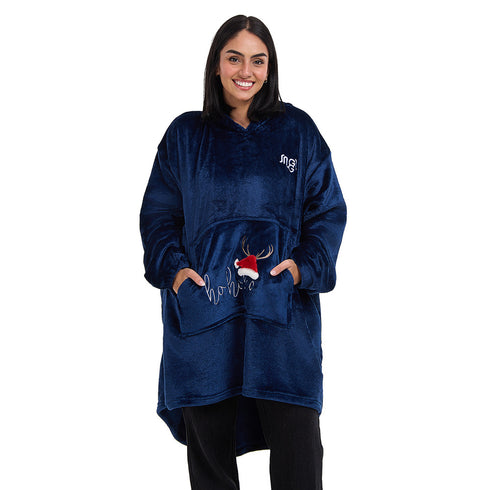 Snuggs Blanket Hoodie Dark Blue Christmas Ho Ho Ho Pocket
